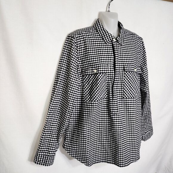 J Crew Mercantile Shirt Jacket Size Medium Black Plaid Gingham Flannel Pullover - Picture 4 of 10